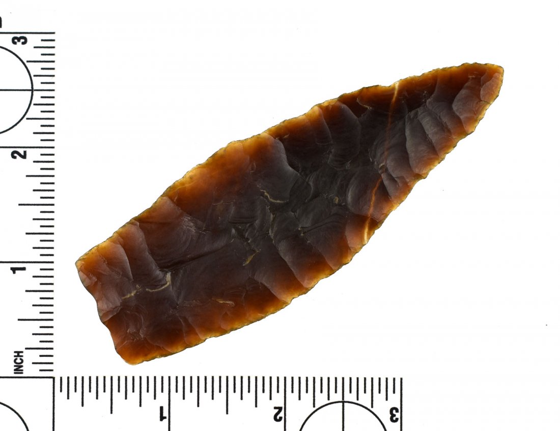 4 1/8" Knife River Angostura - Two G-8 COA's: Nice big root beer colored example with great flaking and great translucency. Found in Montrail Co., North Dakota. Ex- Bill Wertz Collection. Jackson and Putty G-8 COA's.