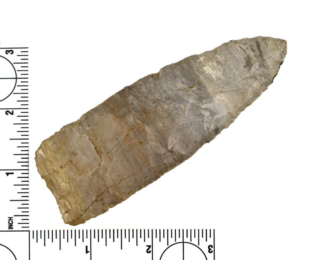 4 1/2" Clovis (preform) Paleo Knife: Well made excellent large example. Glossy high grade horizontally stripped multitoned gray, brown, and cream streaked chert. Found by Theodore Kouba in Benton Co., Iowa between 1908-1915. Old Kouba co