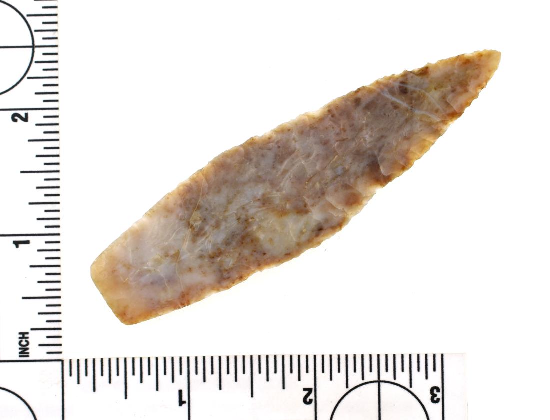 3 5/8" Alibates Agate Basin - Jackson G-9 COA: Extra pretty high grade, colorful, thin, well made, and very translucent Alibates example. Heavy basal grinding. Found in Marshall County, Kansas. Ex- Howard Peters Collection. Jackson G-9 COA.
