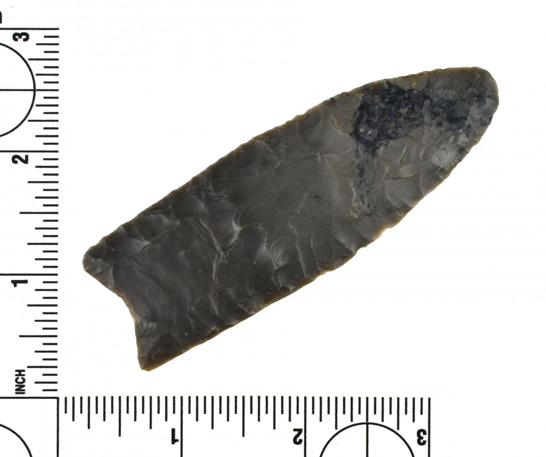 Large 3 5/8" Hornstone Clovis - Jackson G-9.5 COA: Excellent 'three shades of gray' Hornstone example with great color, flutes, and size. Found in Holmes Co., Ohio. Ex- Richard Young Collection. Jackson G-9.5 COA.