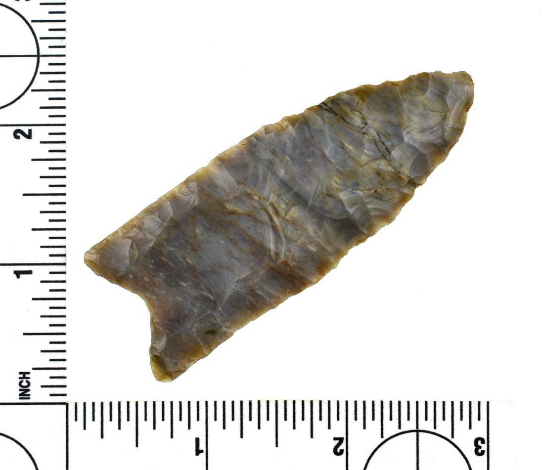 Extremely Pretty 3" Flint Ridge Clovis - Jackson G-9.5: Very glossy and highly translucent Flint Ridge with pretty horizontal banding and excellent flutes on both sides. Found in Franklin Co., Ohio. Ex- McMillan Collection. Accompanied with a Jackson G-9.5