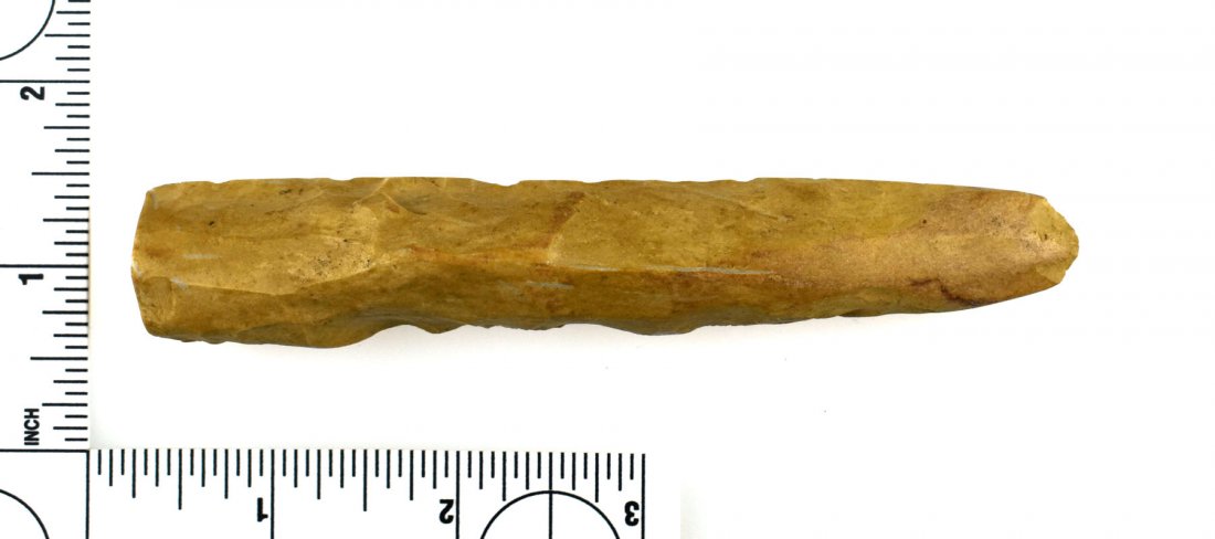 4 15/16" Flint Chisel: Missouri example in a pretty tan/cream Burlington Chert. Ex - Meyer Collection.