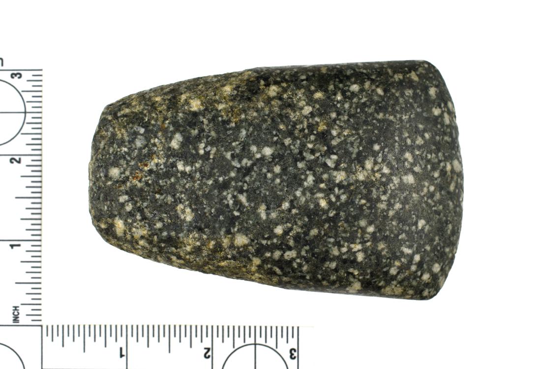 4 1/8" Porphyry Celt: Nice example in gray-green with cream porphyry. Ex - Moon Collection