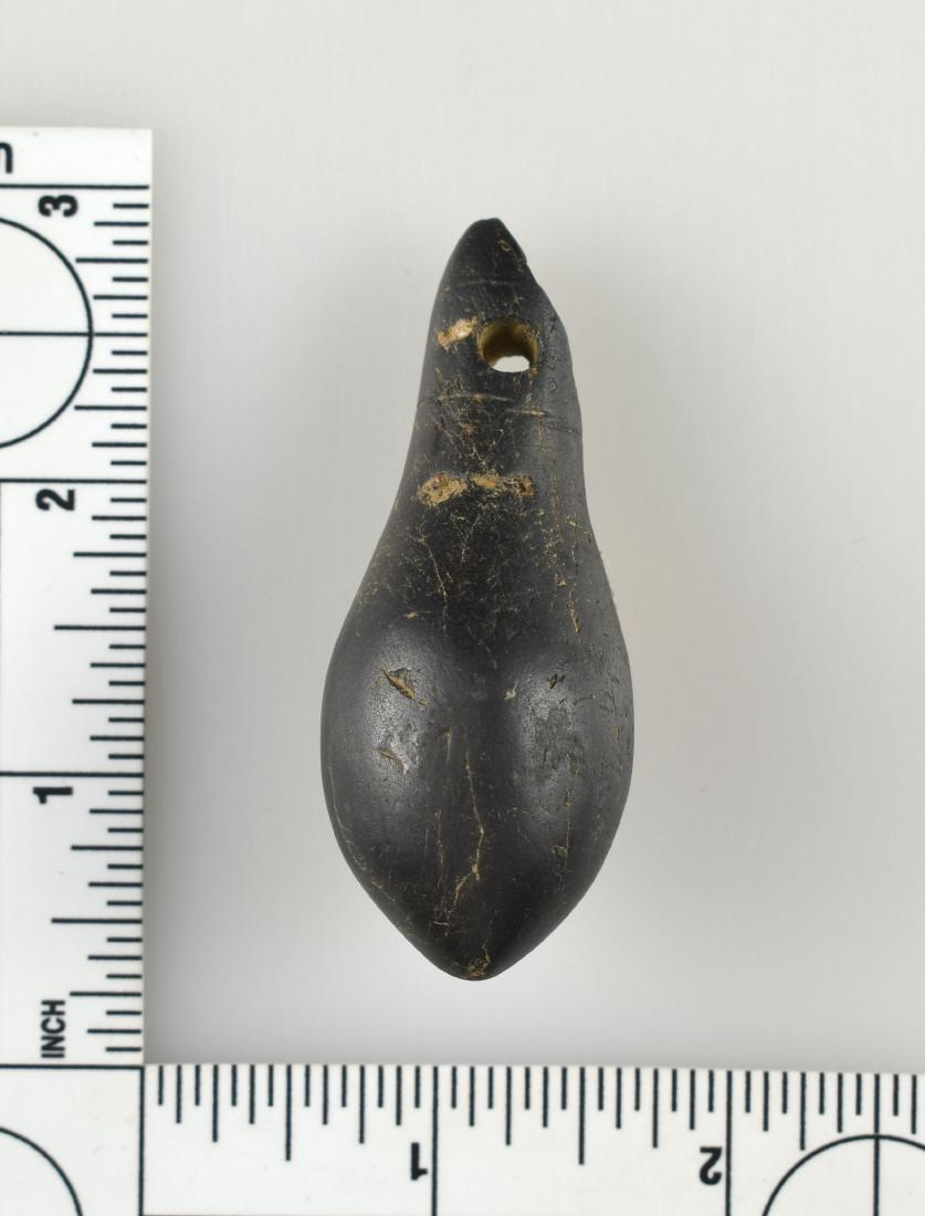 2 1/2" Drilled Hematite Plummet: Nicely incised decorative grooves around the top and the bottom of the hole. Highly polished. Found by Harold Hall in Pope Co., Illinois. Ex- Steve Lee of The Relic Shack in Missouri.