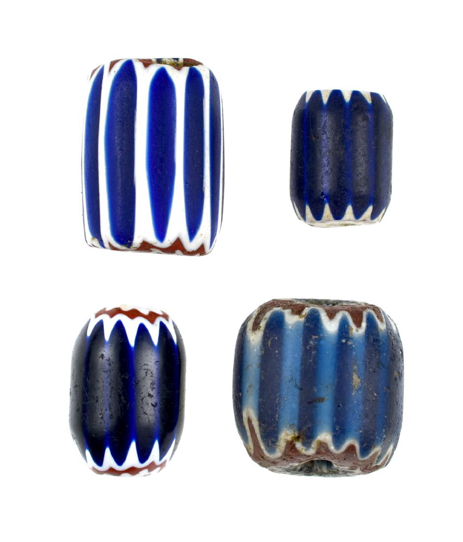 4 Large Blue Chevron Beads: Largest is 1" x 1". Ex - Meyer Collection. Good assortment.