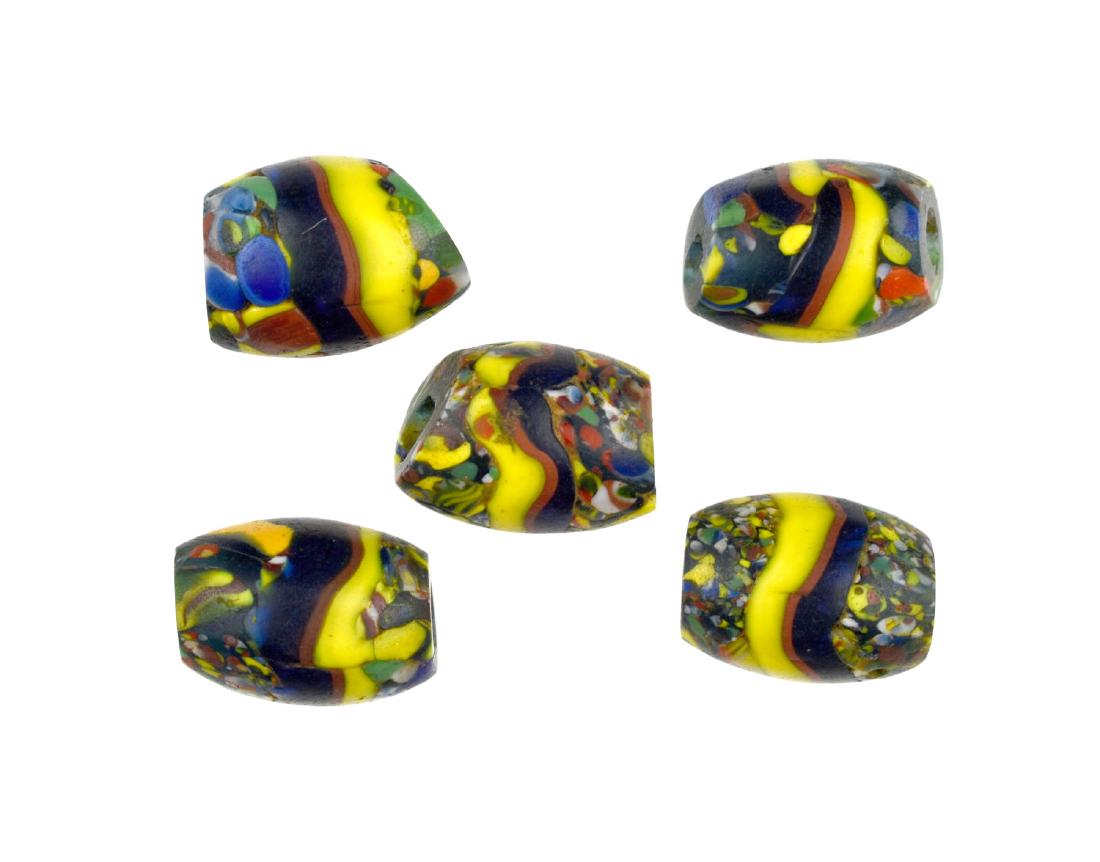 5 Millefiori/Mosaic Beads: Smaller multicolored fancy beads. Ex - Meyer Collection.