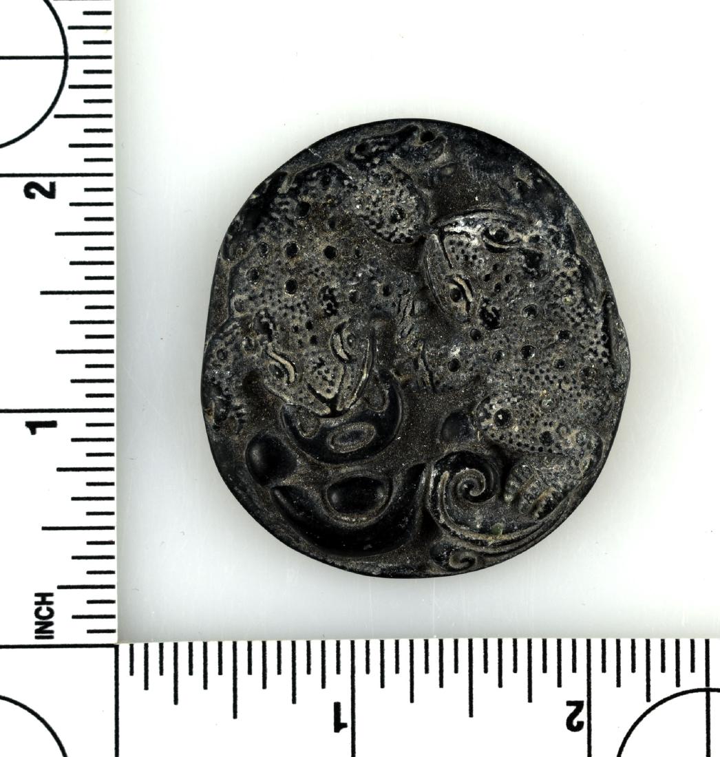 2" Chinese Pendant: Black carved stone of two frogs or toads. Exact Age unknown.