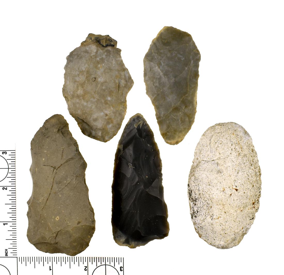 5 Nice Kentucky Flint Celts & Knives: Great mini-collection from Pulaski County, Kentucky. Biggest brown Dover Celt measures 3 5/8". White 3 3/8" Limestone Celt has excellent form and symmetry. The two tone Wayne County flint kn