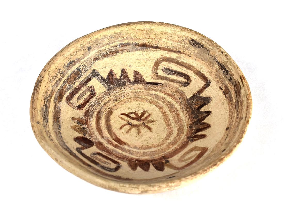 6" PreColumbian Polychrome Dish: Buff colored dish with reddish and brown painted details. Central America. Ex - Meyer Collection.