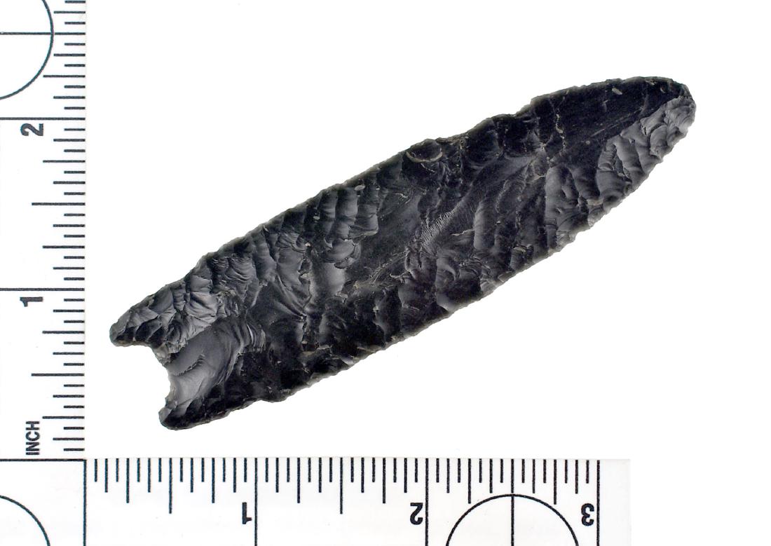 3 11/16" Windust: Obsidian high quality example with exceptional flaking from the Cy Pierce Collection. Warner Valley, Oregon.