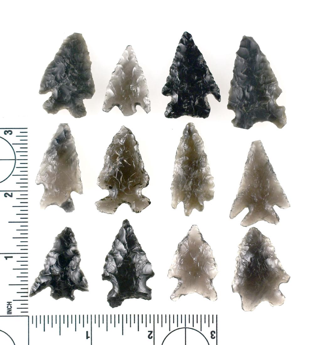 Nice Display of 16 Elkos: Nice assortment of Obsidian Elkos and related types from the Great Basin. Ex - Meyer Collection.