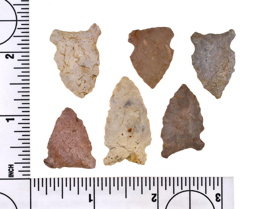 6 Nice Kentucky Corner Notched Birdpoints: Largest measures 1 3/8". Boyle, Jasper, and Hornstone. Ex- Jackson Collection.