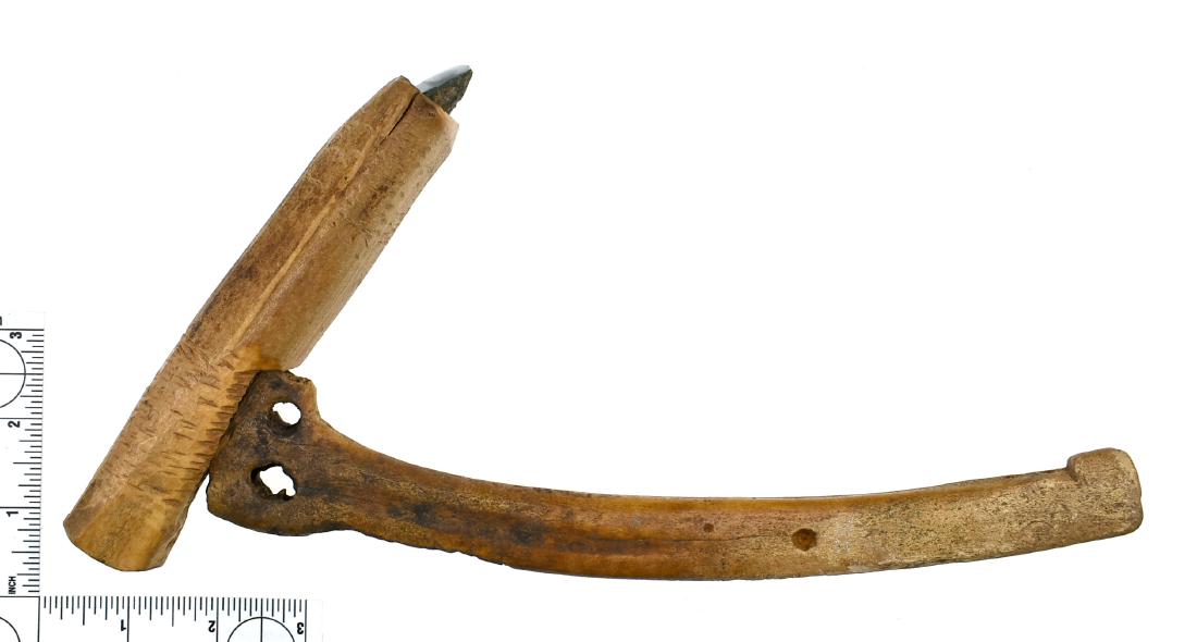 Inuit Jade Adze with Bone Handle: Complete set including finely made jadeite adze from Point Hope, Alaska. Rare to find a set. Ex Lincoln Smith Collection. Overall size: 10".