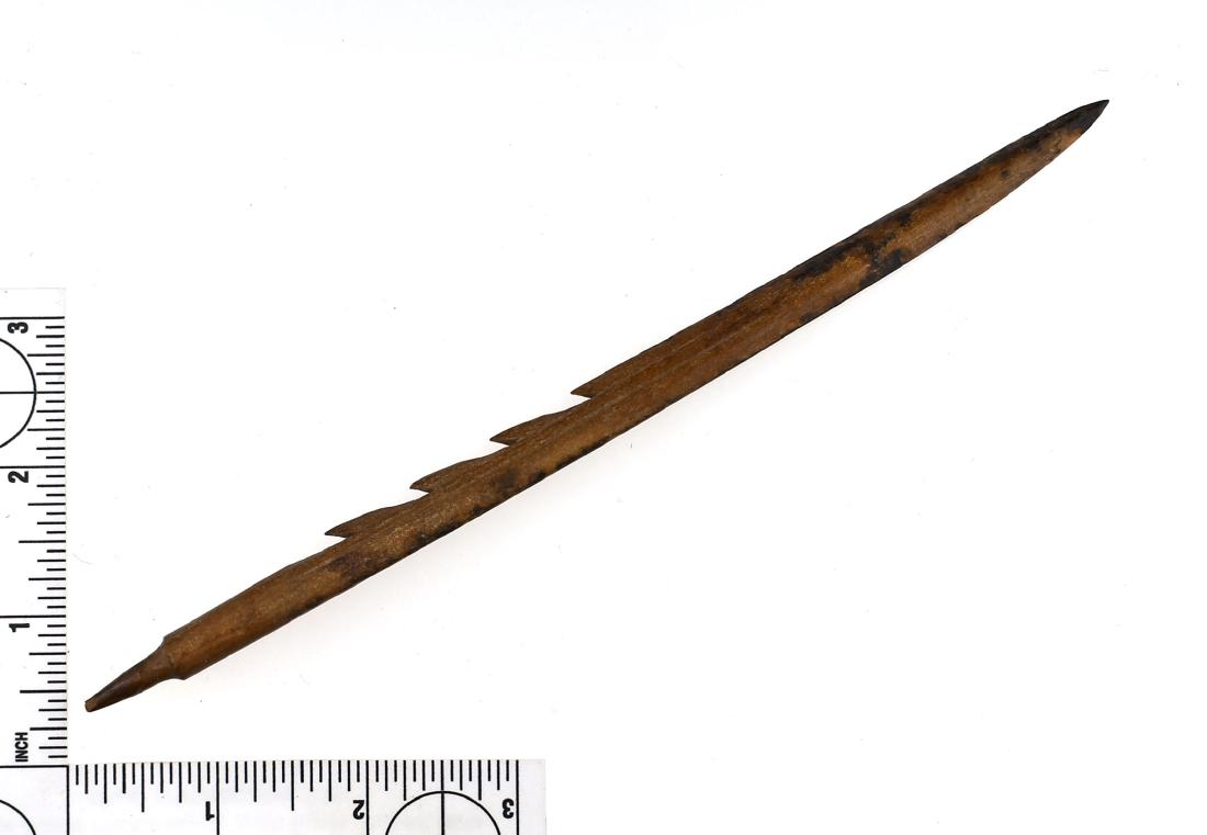 7 7/8" Inuit Bone Harpoon: Barbed example carved from Bone formerly of the Lincoln Smith Collection. Point Hope, Alaska.