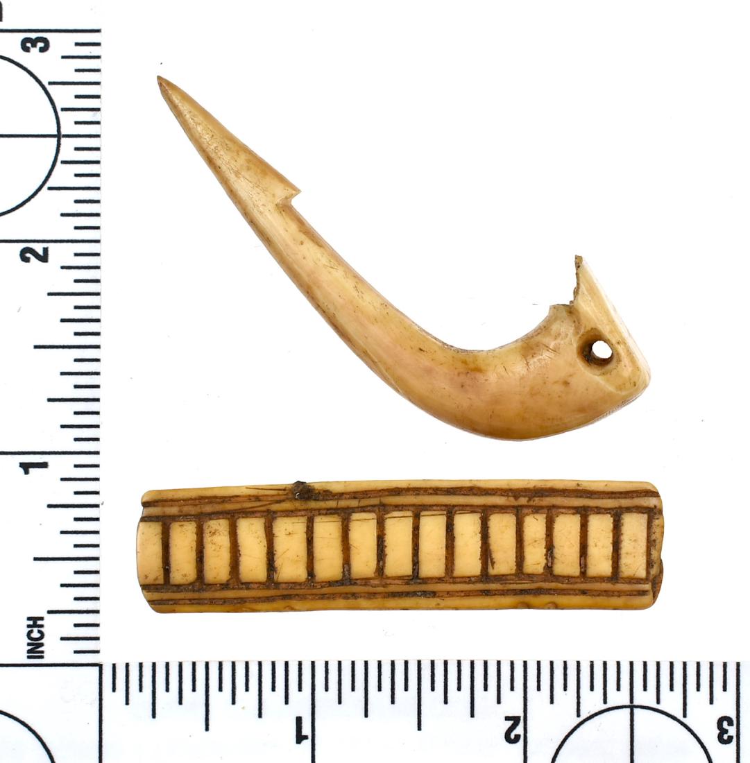 Carved Inuit Grapple-Hook and Carved Gaming Piece: Exceptional PREHISTORIC pieces, the hook portion would have been attached with two others on a weight in order to retrieve game in the water. The gaming piece would have been used in a cribbage-like g