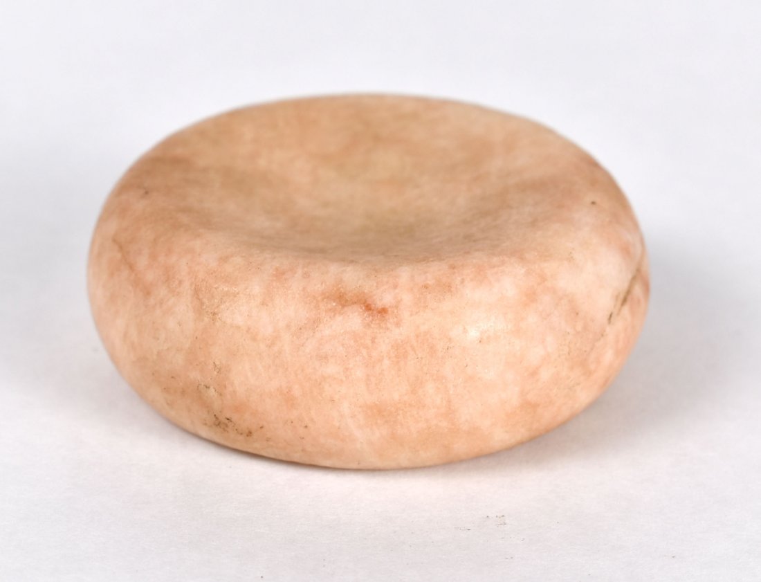 Beautiful 2 3/4" Quartz Discoidal: Highly translucent 'rosey' quartz example in very good 'cleaned' condition. Greene Co., Illinois. Ex- Anderson Collection.