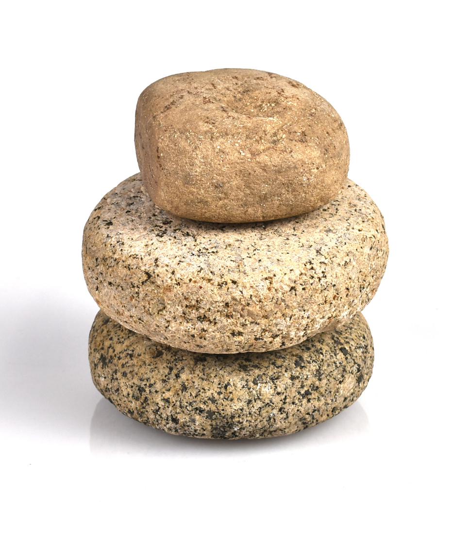 2 Manos and a Nutting Stone: Pair of Southwestern Style Manos and a 3" Nutting Stone Anvil. Ex DeRosa Collection.