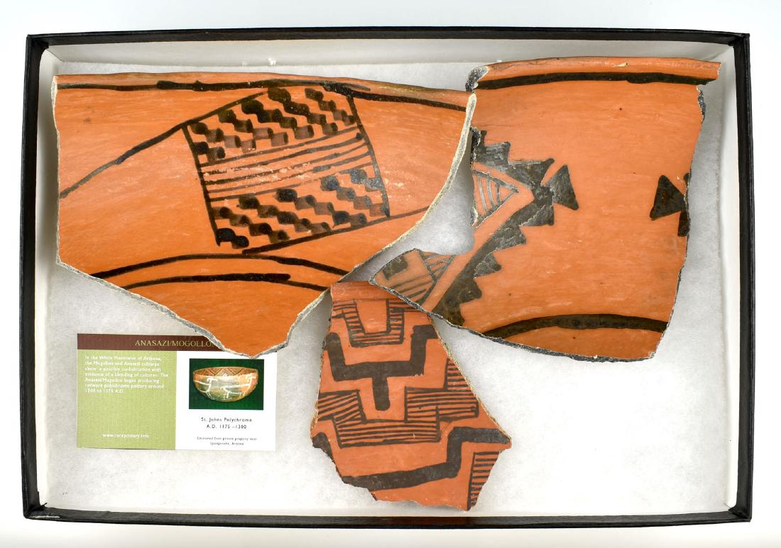 Three Anasazi Redware Potsherds: St. John's Polychrome shards from the Lincoln Smith Collection. Ex - Monica King as well.