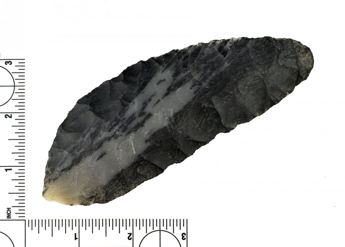 Large 5 3/4" Novaculite Blade - Jackson G-9 COA: Pretty black and translucent champagne colored Novaculite. Found in Clark Co., Missouri. Ex- Carl Harper Collection. Jackson G-9 COA.