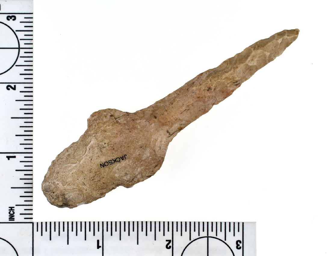 4 1/4" Adena Drill - Jackson COA: Nice example in river polished Burlington Chert. MO/IL type.