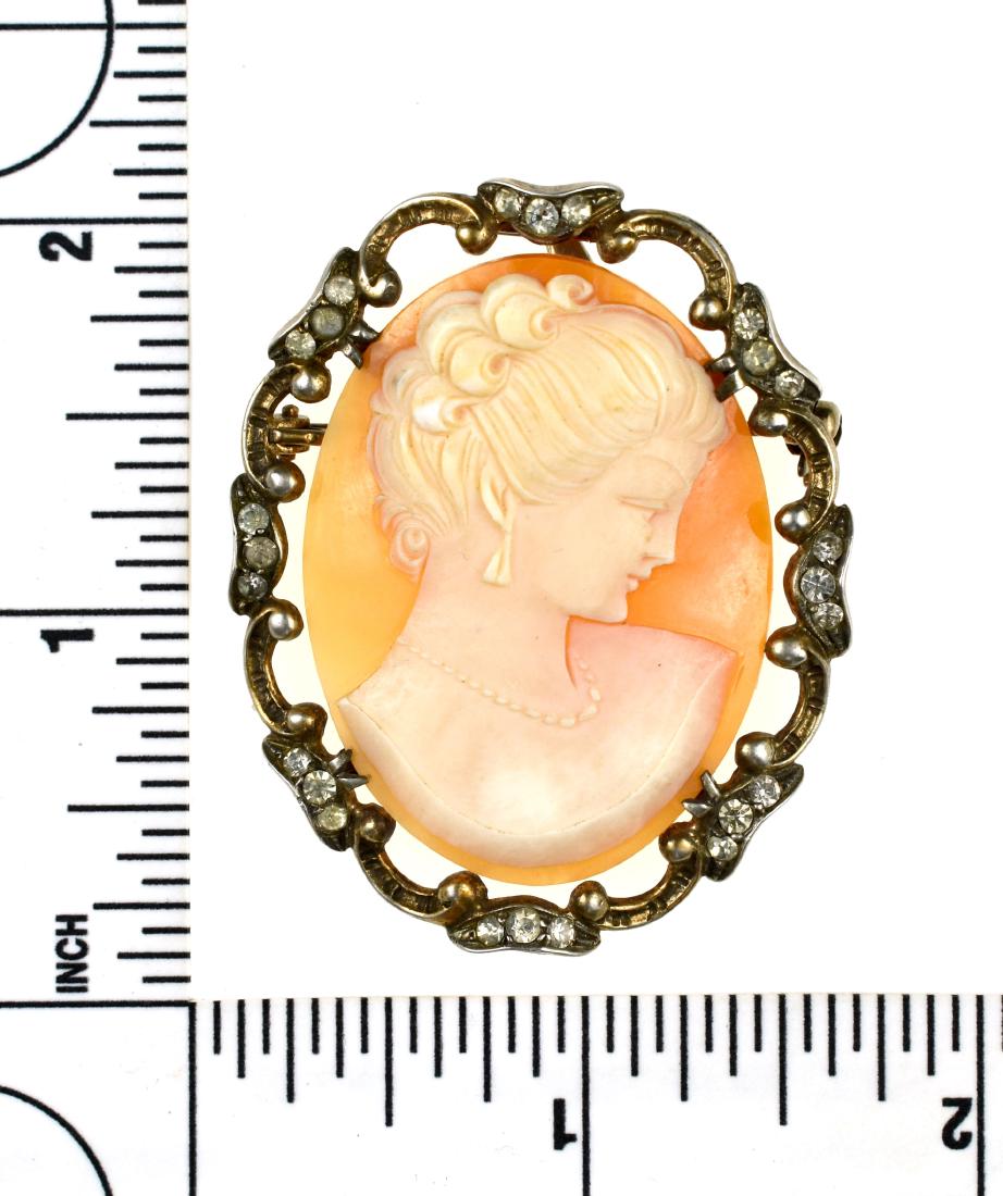 Exceptionally Fine Vintage Carved Shell Cameo Brooch: Not our normal thing but really nice. Buy it for your wife and she won't yell at you for buying all so many arrowheads!! Hand carved shell pretty lady facing right with upswept hair, necklace, earring