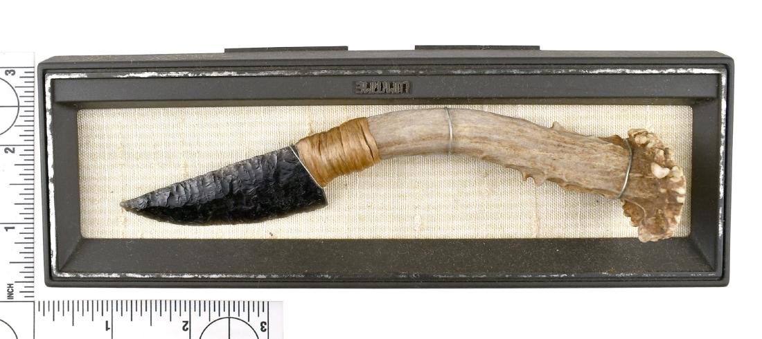 6 1/2" Fantasty Obsidian Blade on Handle: Mounted on a display, interesting piece of modern lithic art.