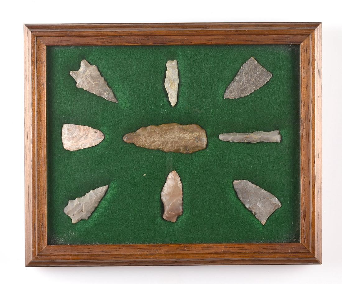 11x10 Display of 9 TN Artifacts: Nice display from the Griffin Collection. Good variety of Early Archaic, Woodland points. Central Tennessee.