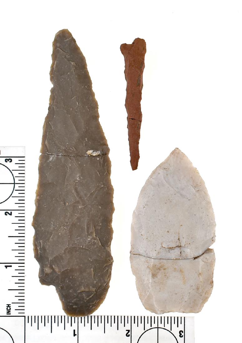 3 Broken & Glued Artifacts: Nice 3" Crescent Quarry Clovis preform (fluted on one side) from Illinois. 2 3/8" Maroon Jasper drill from Arkansas. Large 5 1/4" Round base knife made of Edwards from Texas. Ex- Jackso