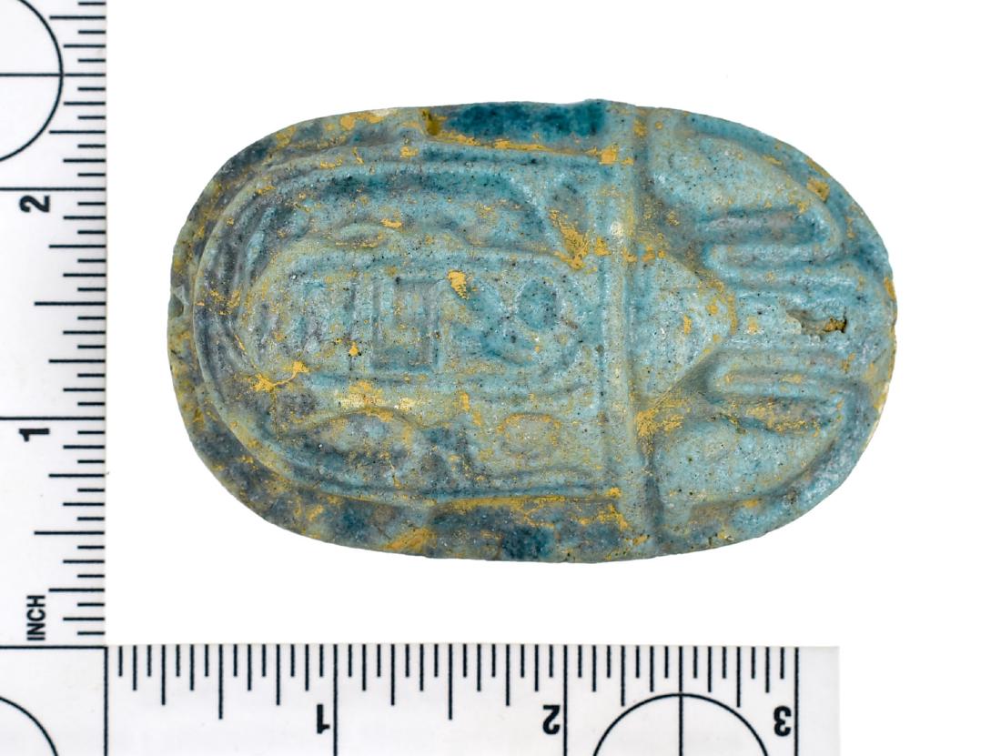 3 1/8" Egyptian Faience Scarab: Large example in blue faience. Exact Age/Dynasty unknown.