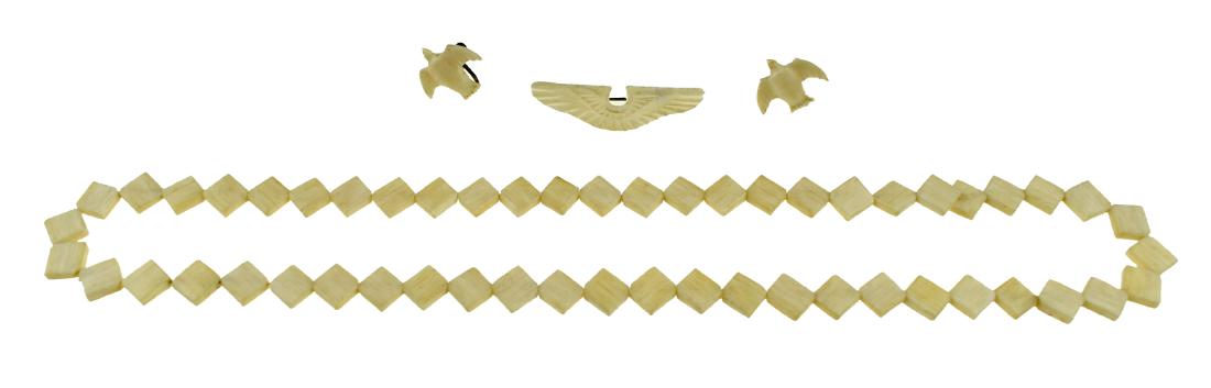 Carved Bone Necklace with Bone Earrings and pin.: Interesting set including two bird-shaped earrings along with carved 'Bush Pilot' Wings and a bone necklace. Alaskan Inuit style items. Early to Mid 20th century. Ex - Montgomery County Library Collec