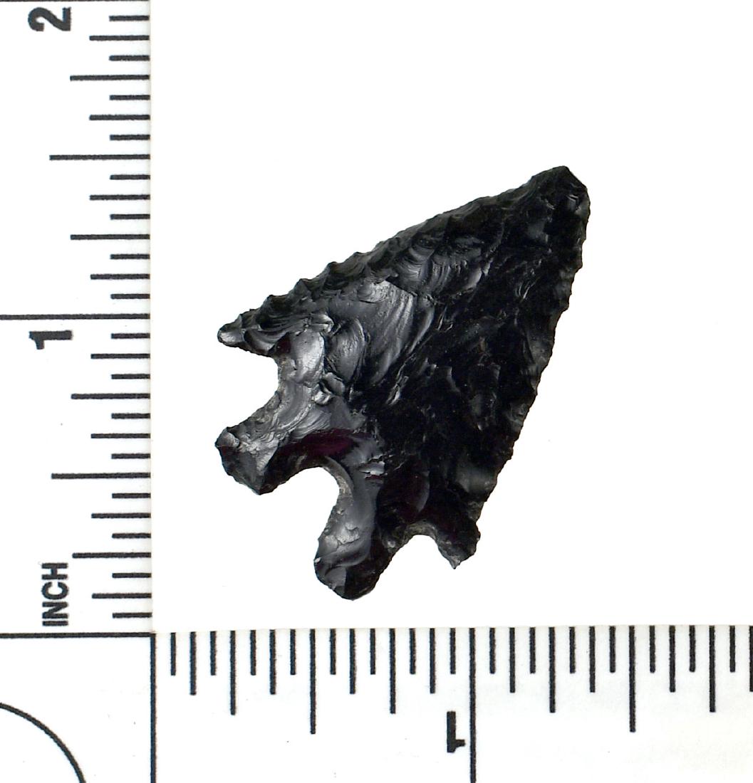 1 1/2" Pinto Basin: Nice obsidian example from Eastern Oregon. Ex Belden
