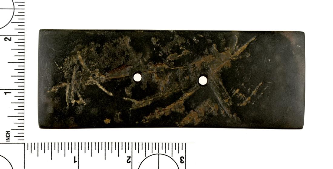 Nice 4 7/8" Slate Gorget: Good sized rectangular form. Plow strikes on both sides yet still in good overall condition. Nice addition to a slate collection. Found in Fayette Co., Kentucky.