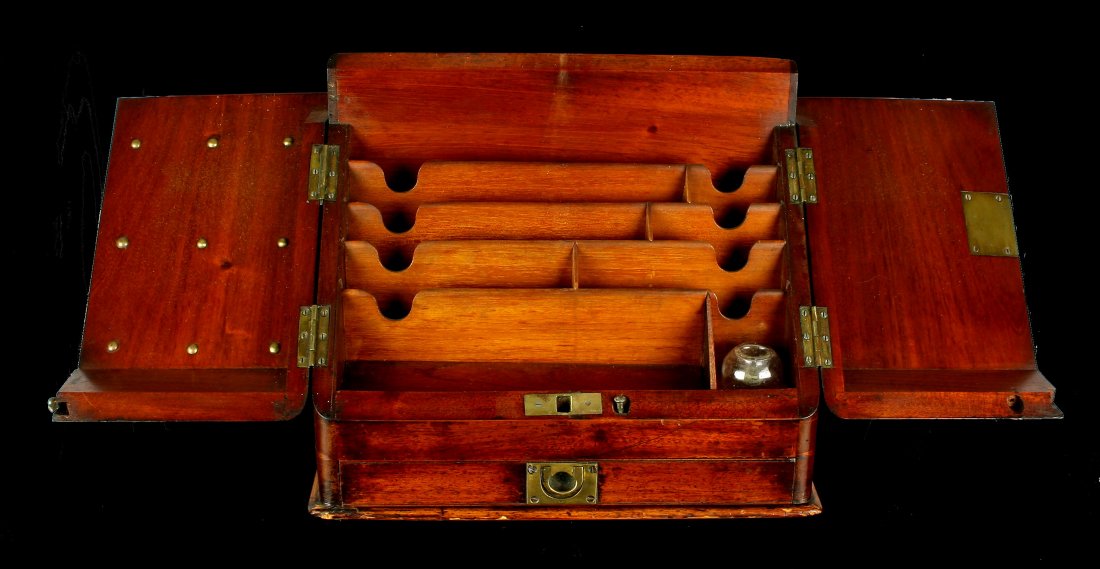 18th Century Antique Continental Letter Box: A large desk top letter box with slanted double doors, flip top, vertical compartments, pen tray and one glass inkwell inside, with drawer below. Brass tacks on inside door. Super quality dovetailed c
