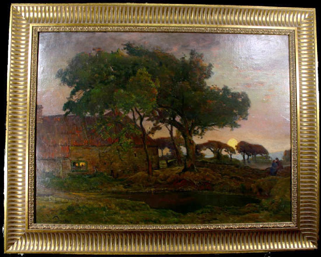 Serene Antique French Landscape By Adrian Louis Demont: SUBJECT:This is a beautiful Impressionist / Barbizon scene of a young couple at rest near a lit within cottage in a landscape beneath a soft yellow evening sunset. Very large. 38" X 33".