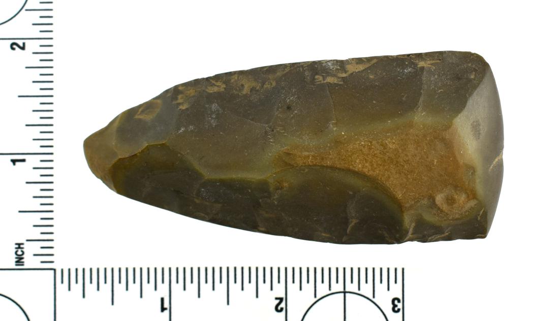 3 1/2" Flint Celt: Fantastic Breathitt Chert example from Central Kentucky. Nice bit polish.