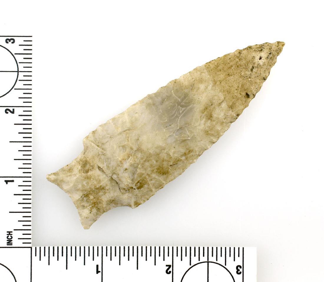 Super Fine 3 7/8" Holland - Jackson G-10 COA: Very thin. Perfect symmetry. Very close to a first stage form. Exhibits just one light resharpening. Made of glossy well patinated Burlington Chert and loaded with original iron oxide mineralization. 