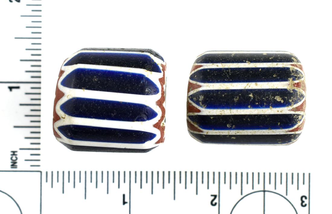 2 6-Layer Blue Chevron Beads: Both Approx 1 to 1-1/4" long, and 1 to 1-1/4 diameter. Ex Meyer.