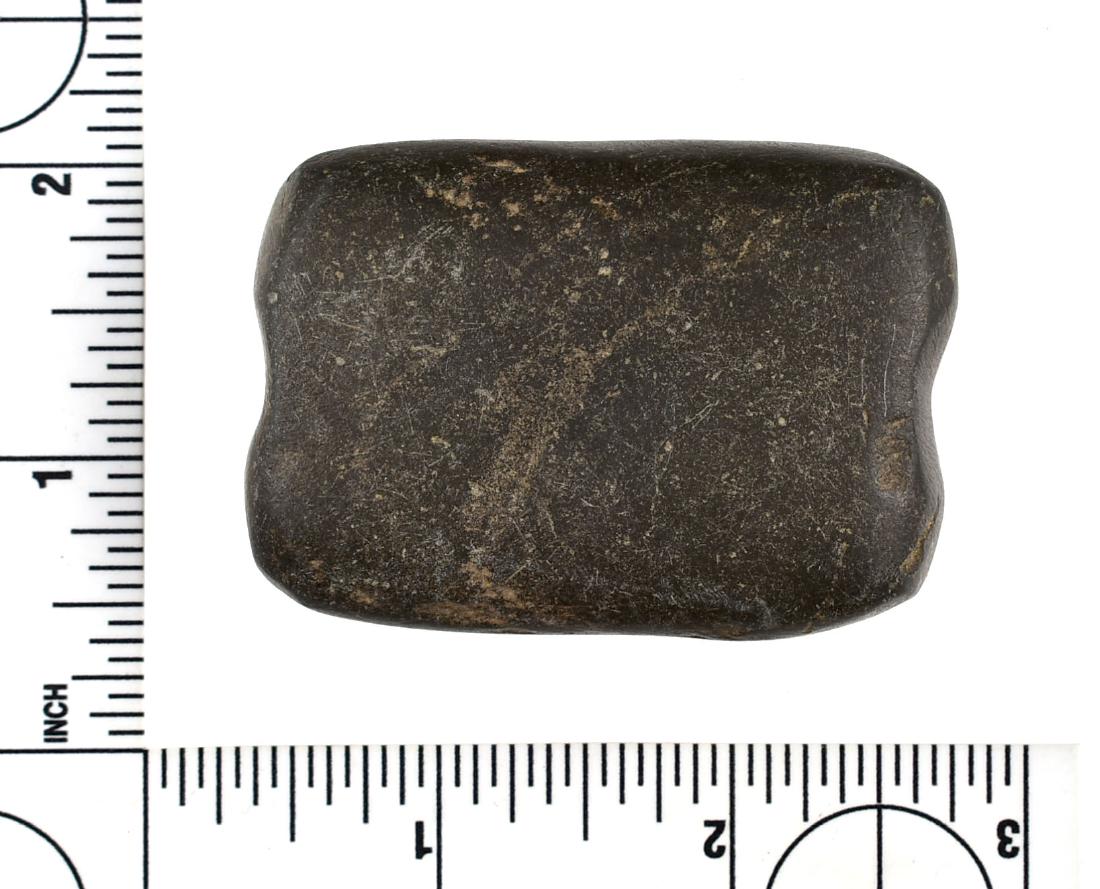 2 5/16" Highly Polished ATL-ATL Weight: Made of very thick and heavy green banded slate. Highly polished over its entirety and indented on both ends. Found in Missouri. Good study. Good conversation. Displays nicely.