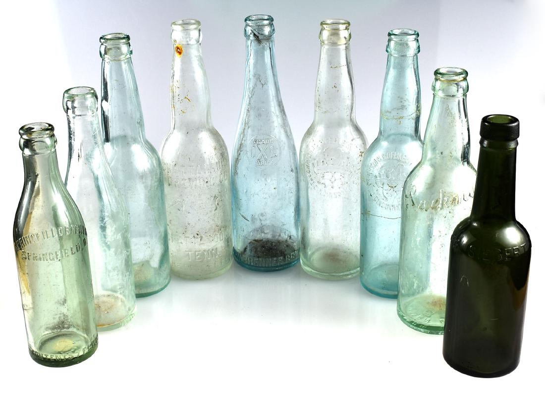 9 Vintage Beer and Soda Bottles: Lackman, Dr JGB Siegert & Sons, Chattanooga Brewing Co, Springfield Brewing, Christian Moerlein Brewing Co, 'IXL TRADEMARK' John Brenner Brewing Co.