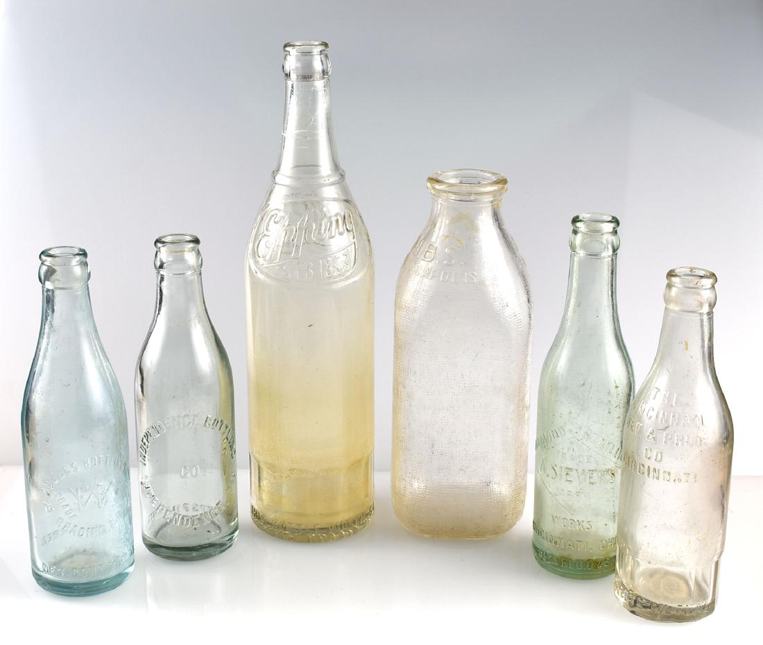 6 Vintage Bottles: Assortment of Soda, Beer, and Milk Bottles: Epping; MBS Milk Bottle; Diamond Bottling Works A. Sievers; The Cincinnati Bev. & Prod. Co.; Independence Bottling, Independence, MO; Fladungs Bottling 