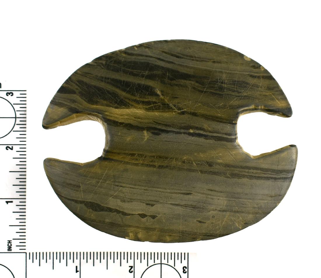 4 9/16" Reproduction Notched Ovate Bannerstone: Reproduction example in banded slate.