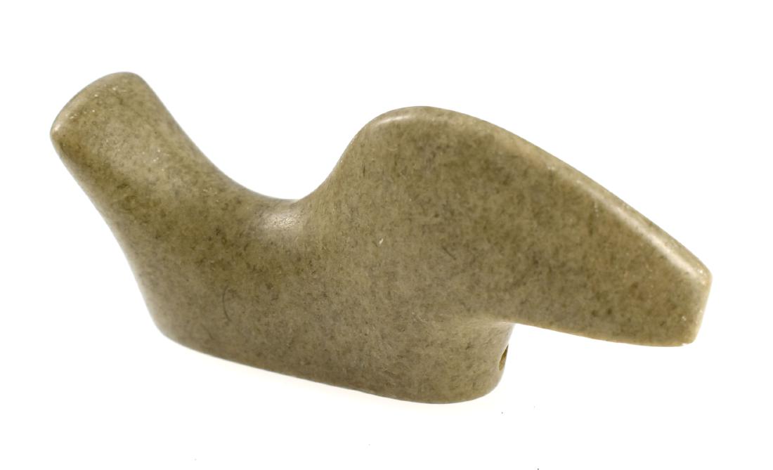 3 1/2" REPRODUCTION Birdstone: Made of a highly polished high grade hardstone. Double drilled front and rear. From an old Fayette County, Kentucky collection. Sold as a 'reproduction' in our opinion.