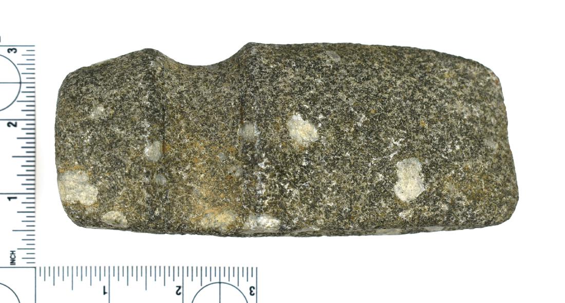 5 3/4" Porphyry 3/4 Groove Axe: Well made example with fluted base found prior to 1950 from Darke Co., Ohio and formerly of the Frank Adell Collection.
