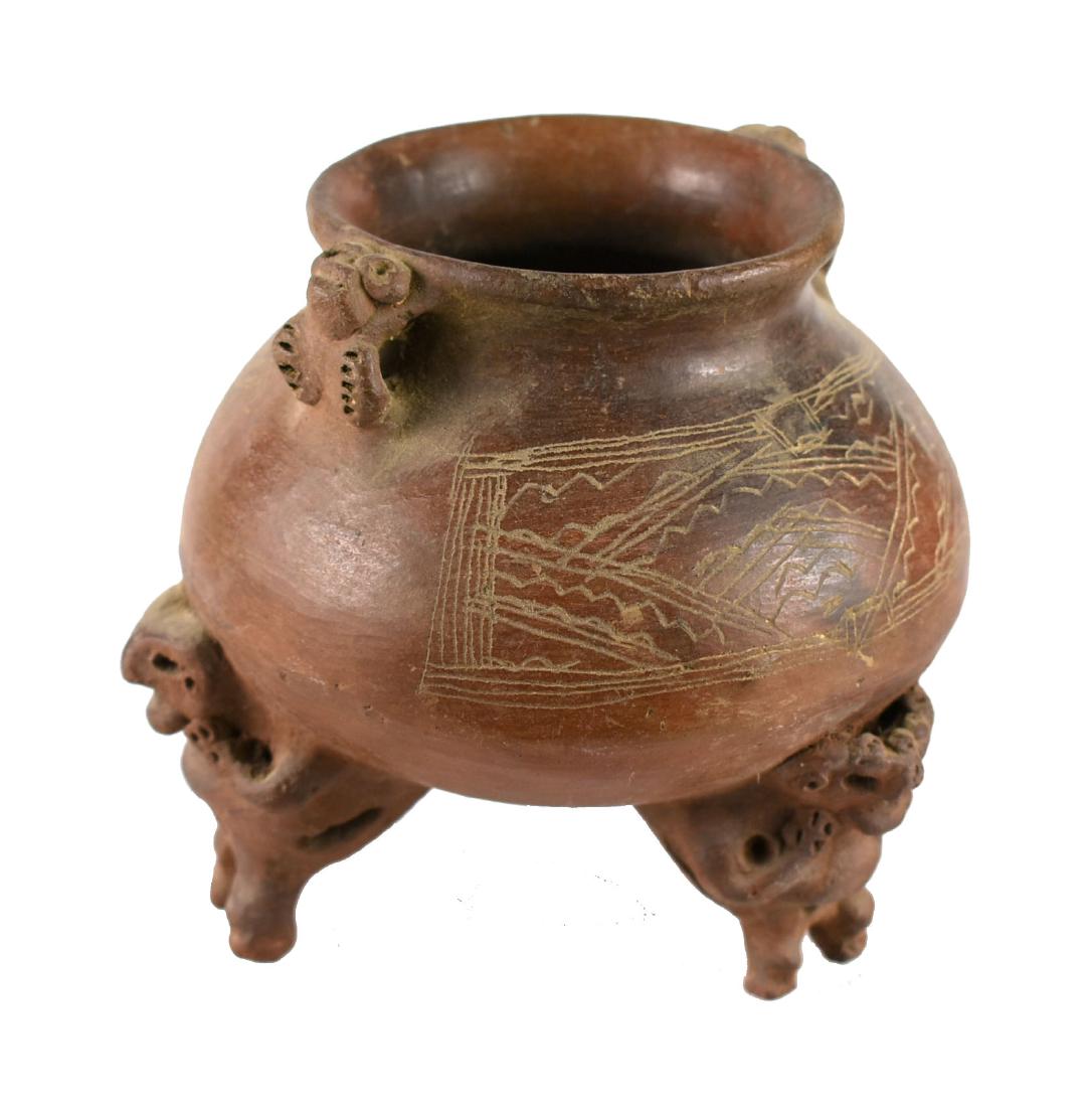 5" Costa Rican Engraved Tripod Bowl - Perino/Jackson: Nice example found in the 1950's by Kendal Peters. Perino and Jackson COA's. Minor restoration to the feet of some of the monkeys holding up the bowl. Circa 1200 AD.