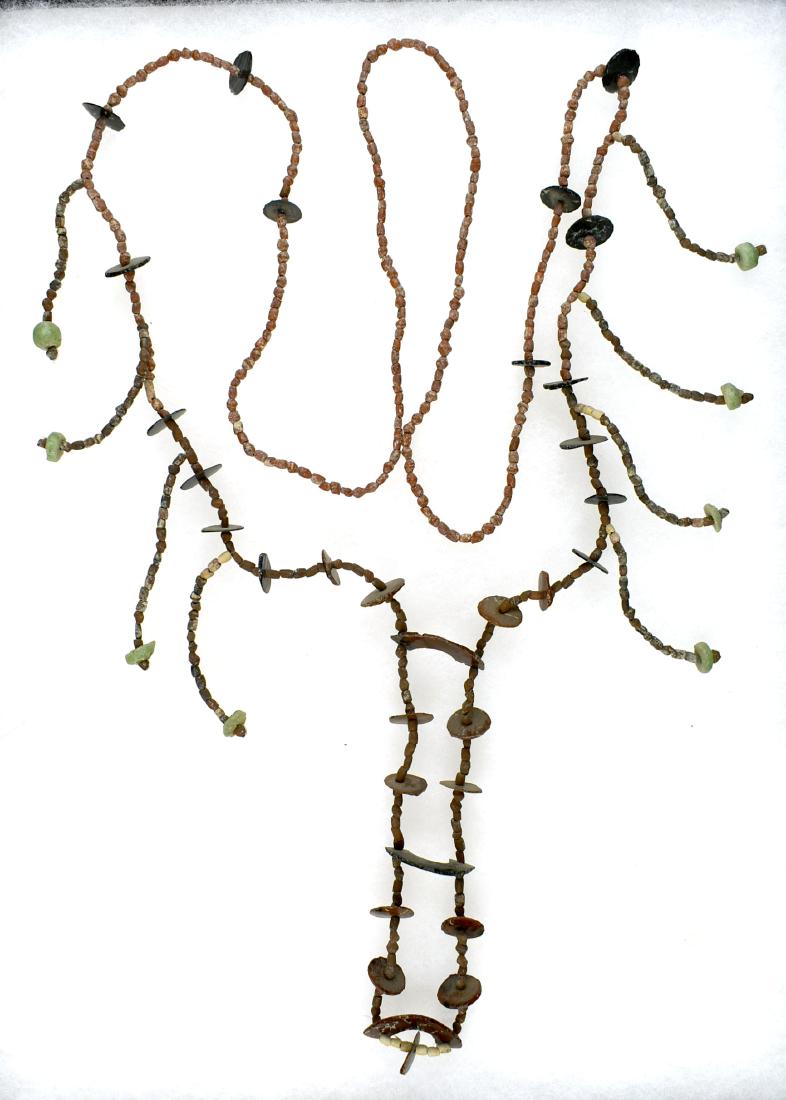 50+" Mixtec/Colima Necklace: Fantastic large example with multiple 'drops' including a 6" drop with Colima Gorgets. Museum grade Display piece. Ex California Private Collection.
