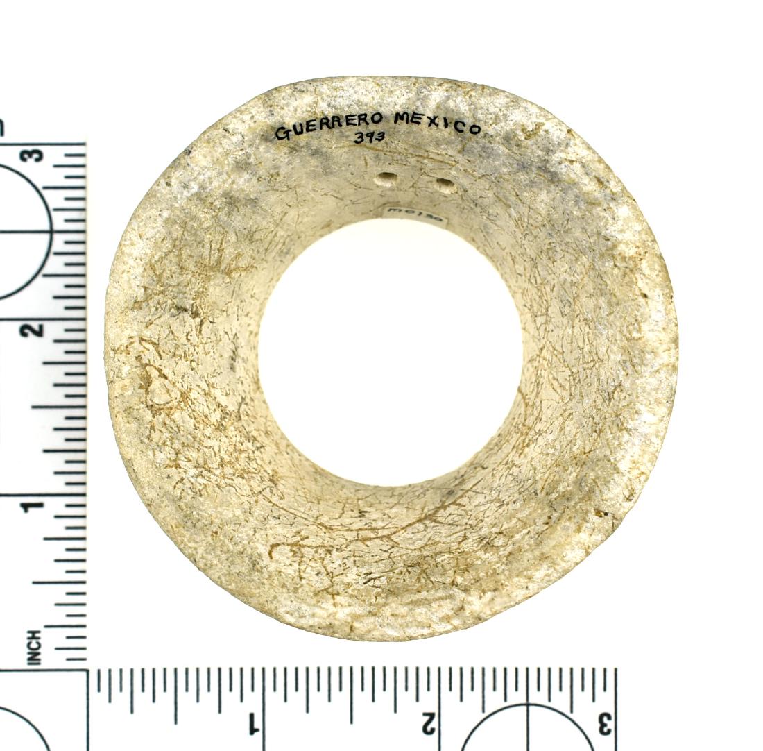 2 7/8" Mayan Jade Earspool: Fantastic large earspool from Guerrero, Mexico with heavy calcification and root tracks. Stands 1 1/4" tall. Ex California Collection.
