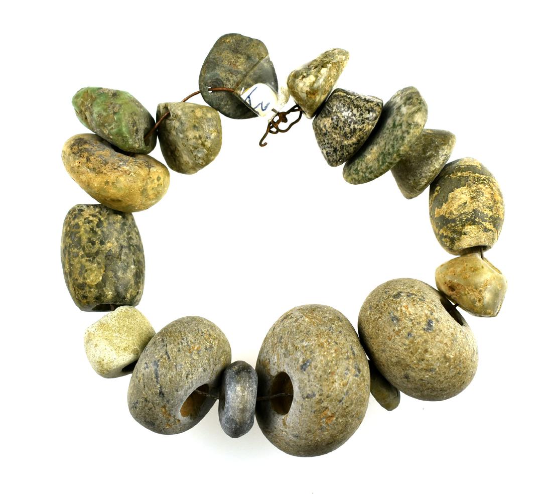 Strand of 17 Mayan Jade/Greenstone Beads: Nice array of 17 Jade and greenstone Mayan beads from an Ohio collection.
