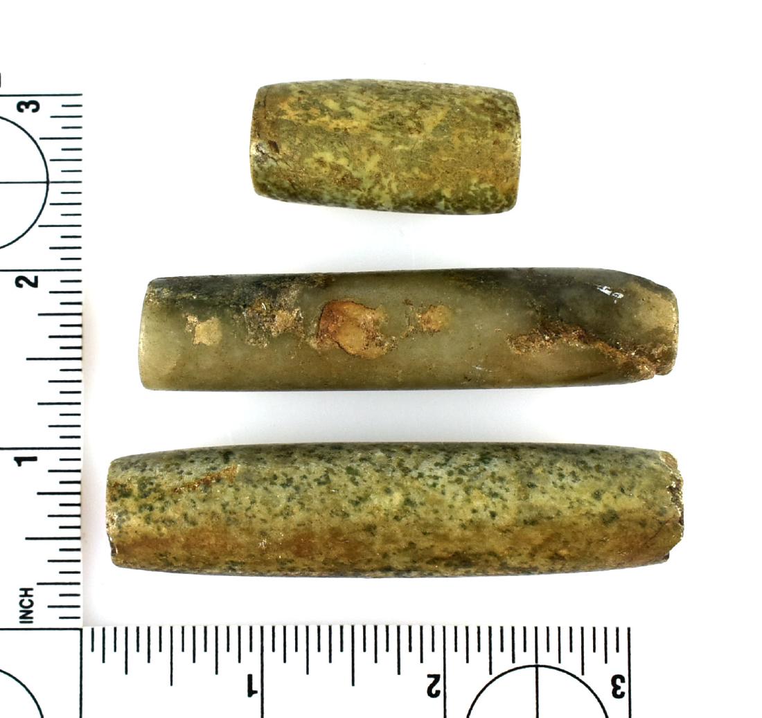 3 Excellent Mayan Jade Beads: Longest measures 76mm. Shortest 36mm. All from a private California Collection.