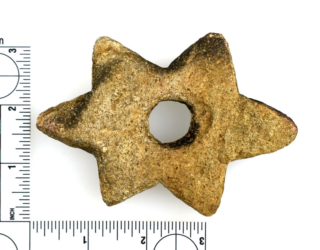 4 5/16" Chavin 6 Point Mace Head: Nice Precolumbian example from Peru in hardstone. Ex California Collection.