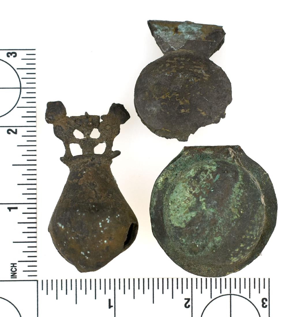 3 Incan Copper Bells/Tweezers: Good lot of two Copper Incan Bells and one tweezer from a Private California Collection. Nice display!